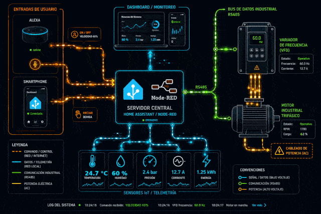 Animación de un sistema de automatización: Alexa y un smartphone envían comandos a un servidor Home Assistant/Node-RED, que muestra un dashboard, recibe telemetría de sensores, y controla un variador de frecuencia por bus RS485 hasta un motor industrial